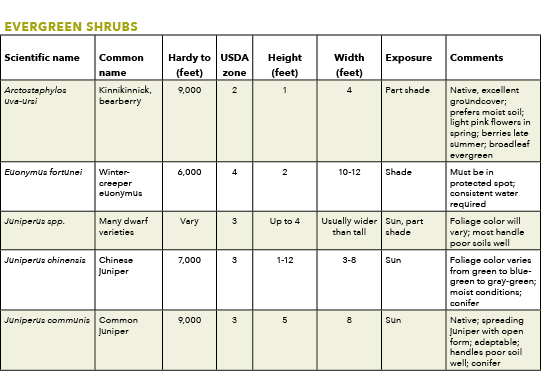 Evergreen Shrubs,Scientific name,Common name,Hardy to (feet),USDA zone,Height (feet),Width (feet),Exposure,Comments,A...