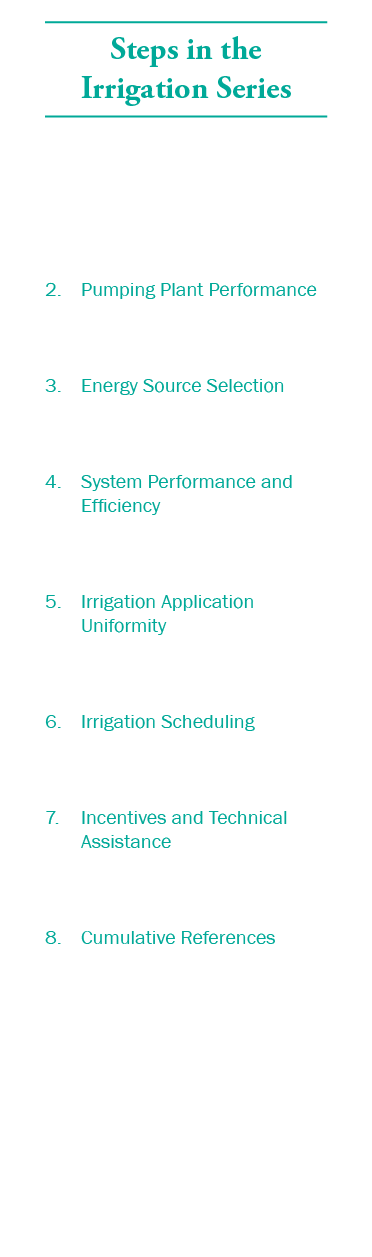 Steps in the Irrigation Series 1. Understanding Irrigation Efficiency 2. Pumping Plant Performance 3. Energy Source S...