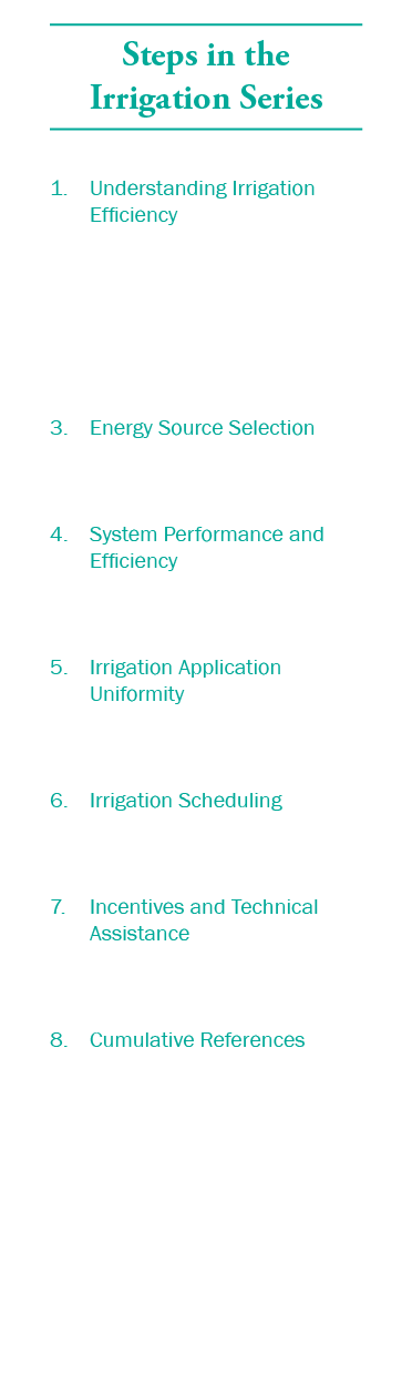 Steps in the Irrigation Series 1. Understanding Irrigation Efficiency 2. Pumping Plant Performance 3. Energy Source S...