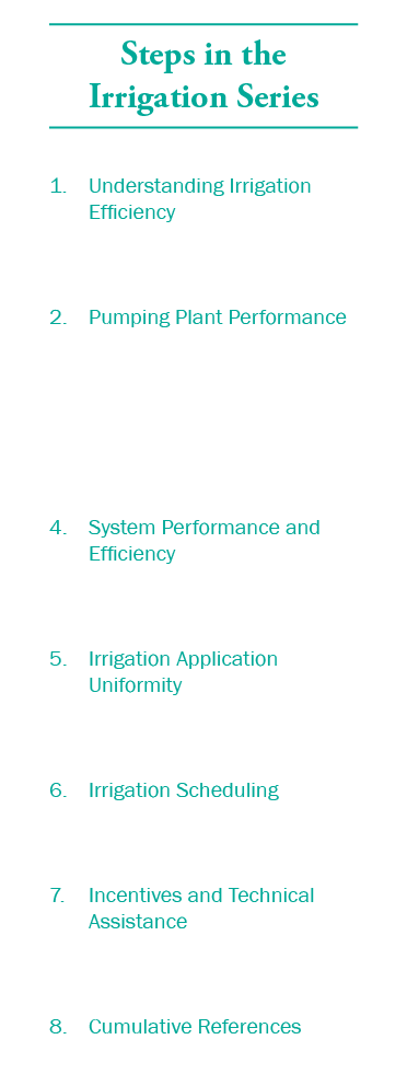 Steps in the Irrigation Series 1. Understanding Irrigation Efficiency 2. Pumping Plant Performance 3. Energy Source S...