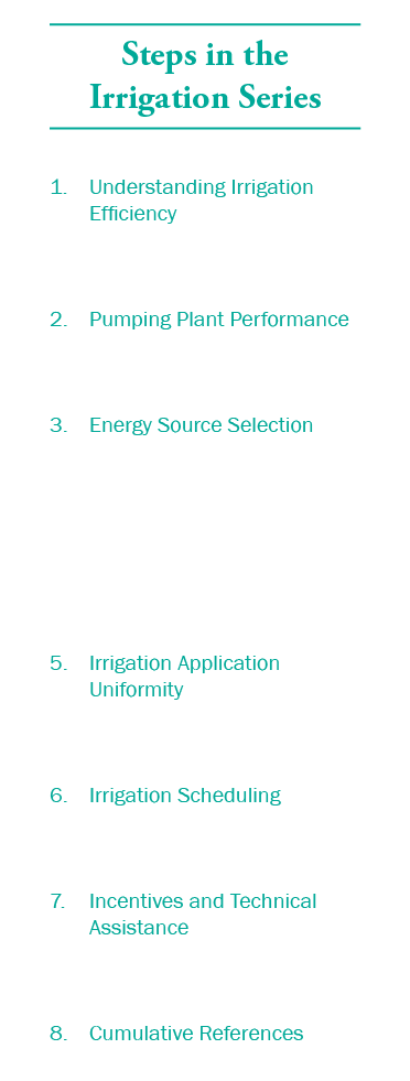 Steps in the Irrigation Series 1. Understanding Irrigation Efficiency 2. Pumping Plant Performance 3. Energy Source S...