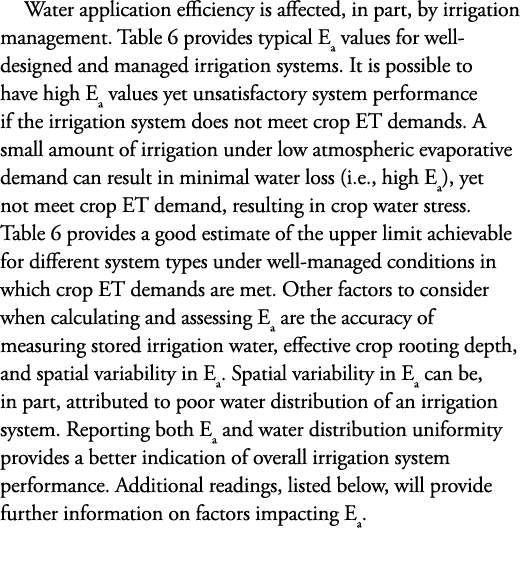 Water application efficiency is affected, in part, by irrigation management. Table 6 provides typical Ea values for w...