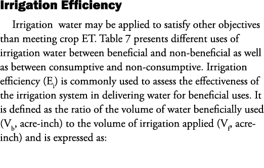 Irrigation Efficiency Irrigation water may be applied to satisfy other objectives than meeting crop ET. Table 7 prese...