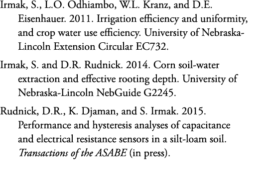 Irmak, S., L.O. Odhiambo, W.L. Kranz, and D.E. Eisenhauer. 2011. Irrigation efficiency and uniformity, and crop water...