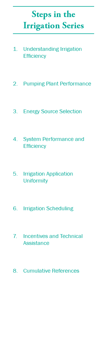 Steps in the Irrigation Series 1. Understanding Irrigation Efficiency 2. Pumping Plant Performance 3. Energy Source S...