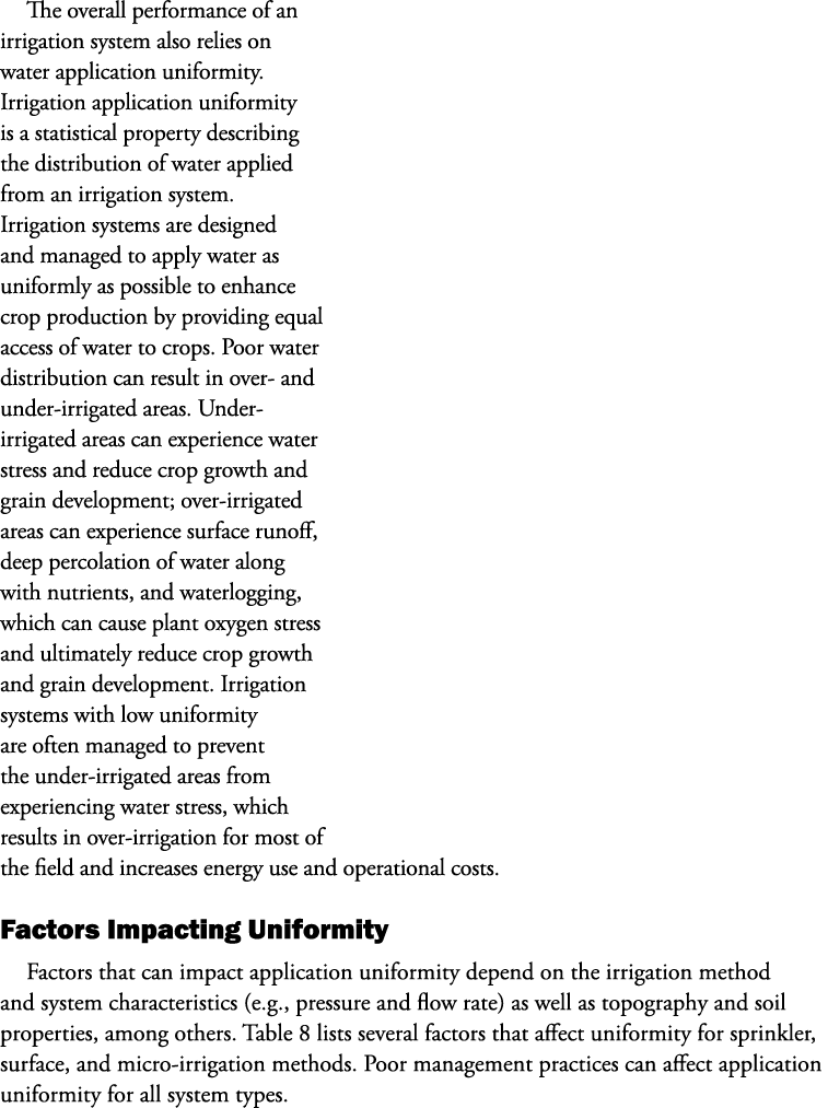 The overall performance of an irrigation system also relies on water application uniformity. Irrigation application u...