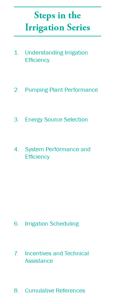 Steps in the Irrigation Series 1. Understanding Irrigation Efficiency 2. Pumping Plant Performance 3. Energy Source S...