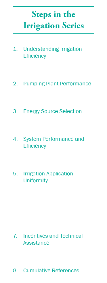 Steps in the Irrigation Series 1. Understanding Irrigation Efficiency 2. Pumping Plant Performance 3. Energy Source S...