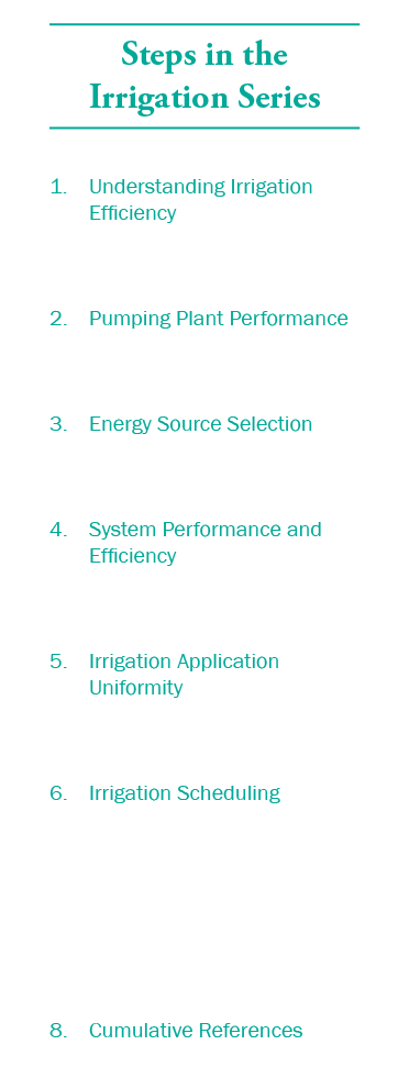 Steps in the Irrigation Series 1. Understanding Irrigation Efficiency 2. Pumping Plant Performance 3. Energy Source S...