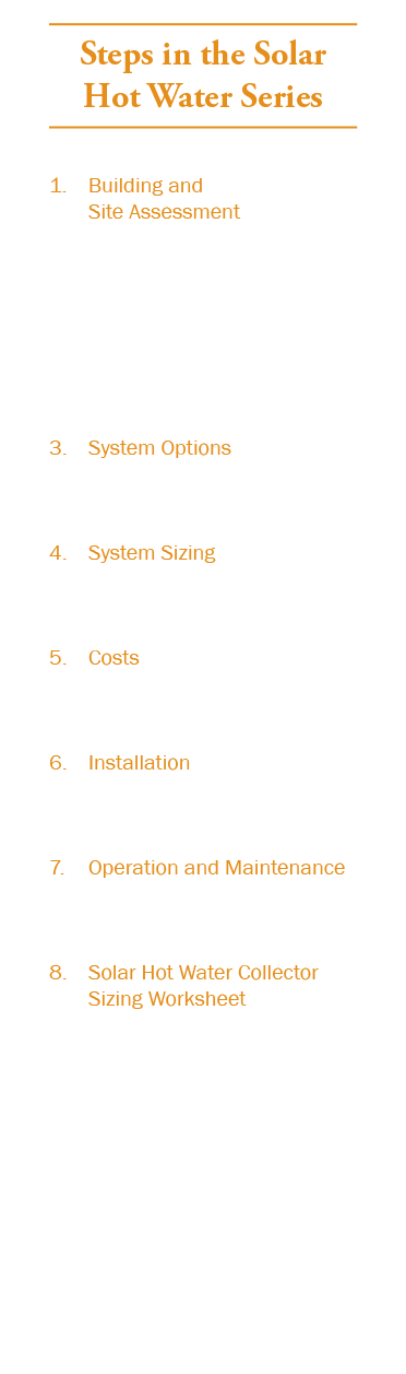 Steps in the Solar Hot Water Series 1. Building and Site Assessment 2. Conservation and Efficiency 3. System Options ...
