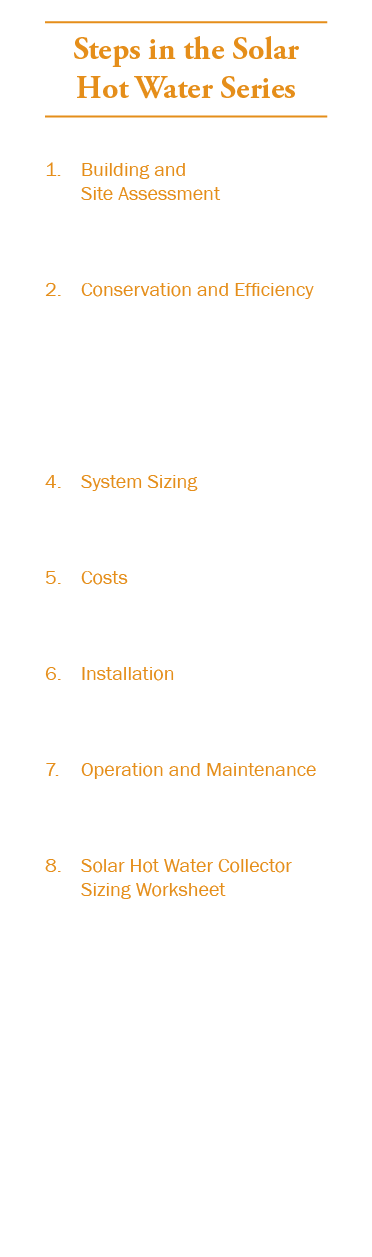 Steps in the Solar Hot Water Series 1. Building and Site Assessment 2. Conservation and Efficiency 3. System Options ...