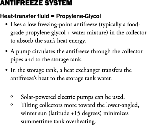 ANTIFREEZE SYSTEM Heat-transfer fluid = Propylene-Glycol Uses a low freezing-point antifreeze (typically a food-grade...