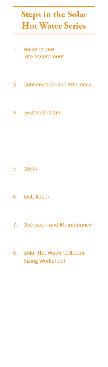 Steps in the Solar Hot Water Series 1. Building and Site Assessment 2. Conservation and Efficiency 3. System Options ...