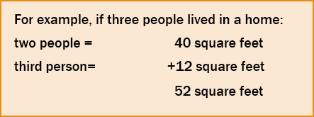 For example, if three people lived in a home: two people =   40 square feet third person= +12 square feet   52 square...