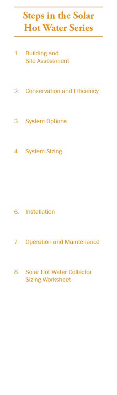 Steps in the Solar Hot Water Series 1. Building and Site Assessment 2. Conservation and Efficiency 3. System Options ...