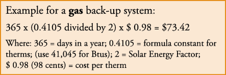 Example for a gas back-up system: 365 x (0.4105 divided by 2) x $ 0.98 = $73.42 Where: 365 = days in a year; 0.4105 =...