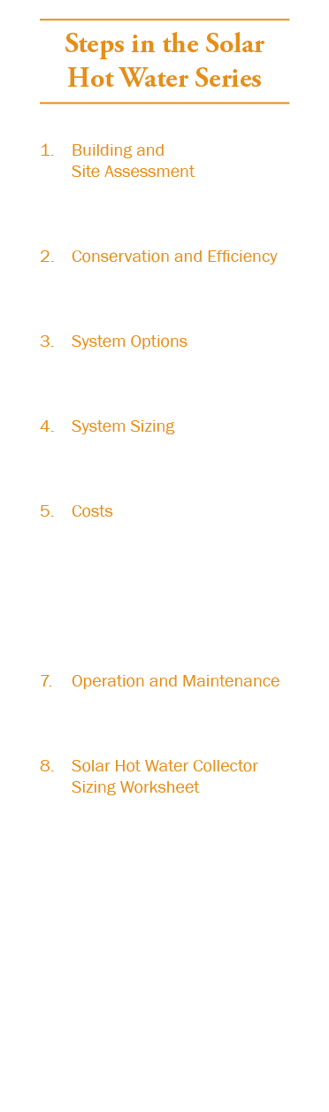 Steps in the Solar Hot Water Series 1. Building and Site Assessment 2. Conservation and Efficiency 3. System Options ...