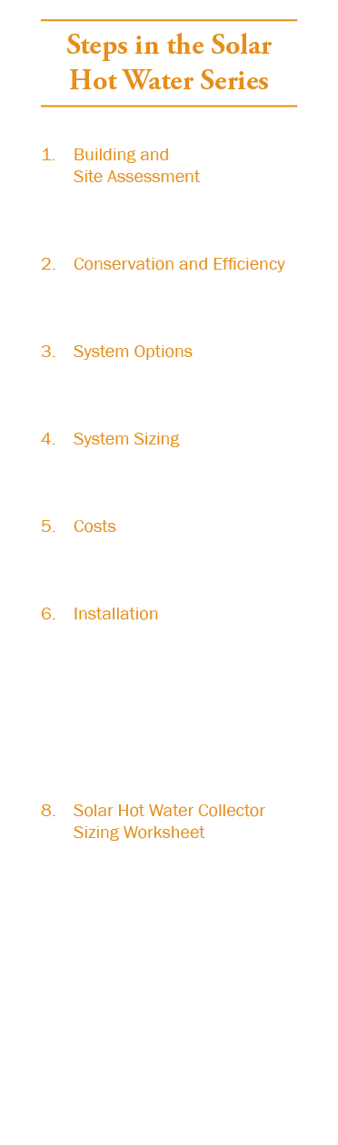 Steps in the Solar Hot Water Series 1. Building and Site Assessment 2. Conservation and Efficiency 3. System Options ...