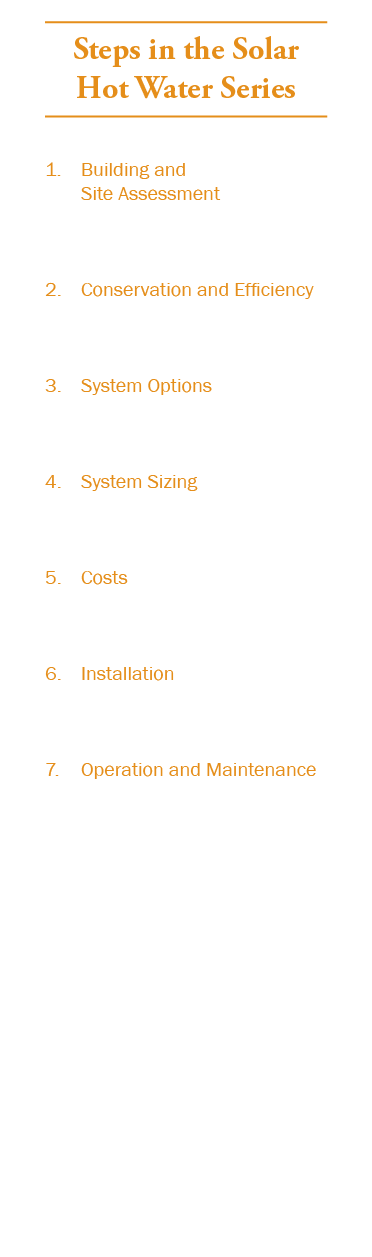 Steps in the Solar Hot Water Series 1. Building and Site Assessment 2. Conservation and Efficiency 3. System Options ...