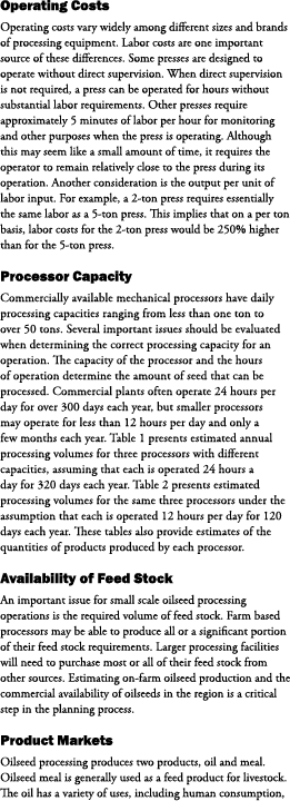 Operating Costs Operating costs vary widely among different sizes and brands of processing equipment. Labor costs are...