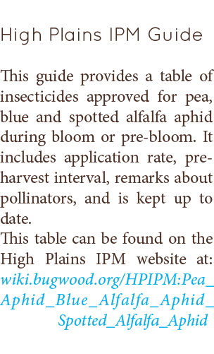  High Plains IPM Guide  This guide provides a table of insecticides approved for pea, blue and spotted alfalfa aphid ...