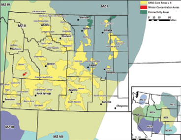 A map of Wyoming showing sage-grouse concentration areas  and another map showing concentration in several states 