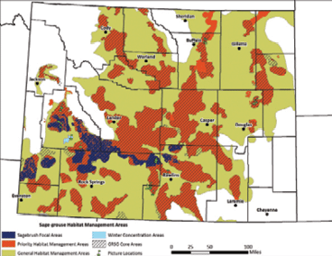 A map of Wyoming showing the plan amendments for sage-grouse conservation 