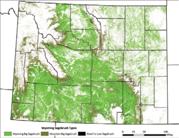 A map of Wyoming showing sagebrush habitats across the state 