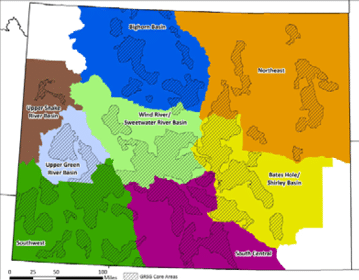 A map of Wyoming showing sage-grouse working groups across the state 