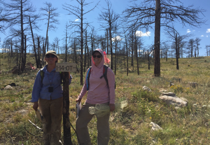 Two women stand in clearing near plot sign with burned trees in the background 