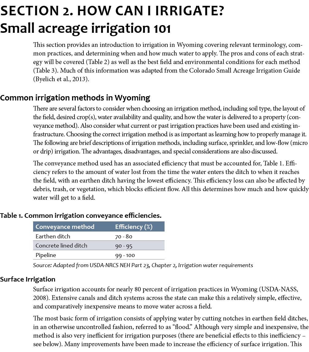 Section 2. How can I irrigate? Small acreage irrigation 101 This section provides an introduction to irrigation in Wy...