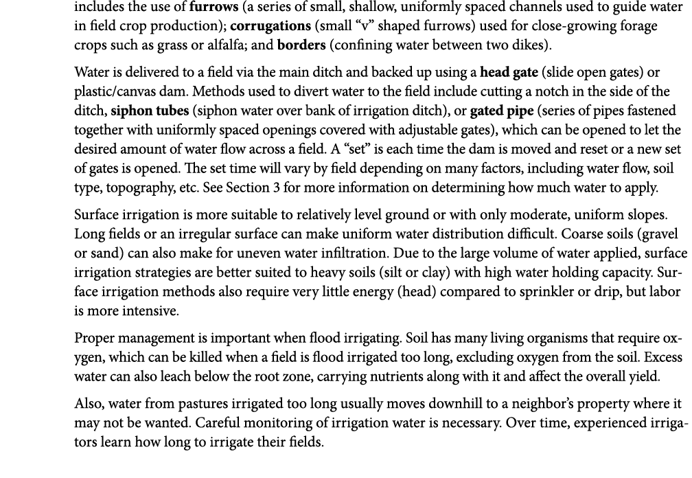 includes the use of furrows (a series of small, shallow, uniformly spaced channels used to guide water in field crop ...