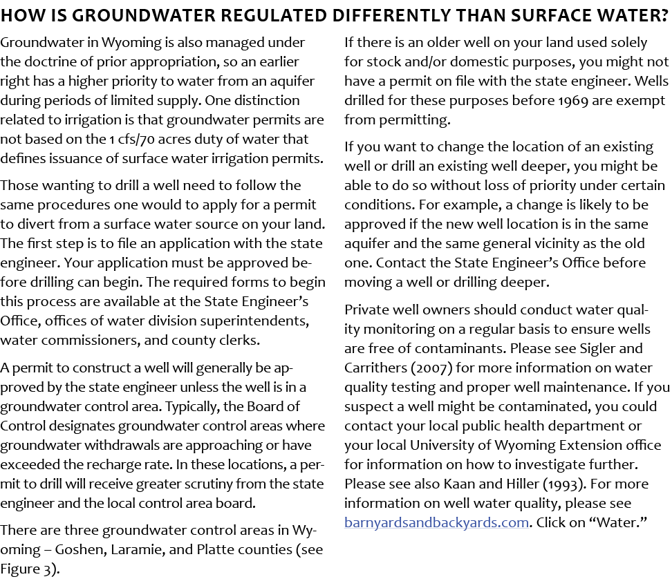 How is groundwater regulated differently than surface water? Groundwater in Wyoming is also managed under the doctrin...