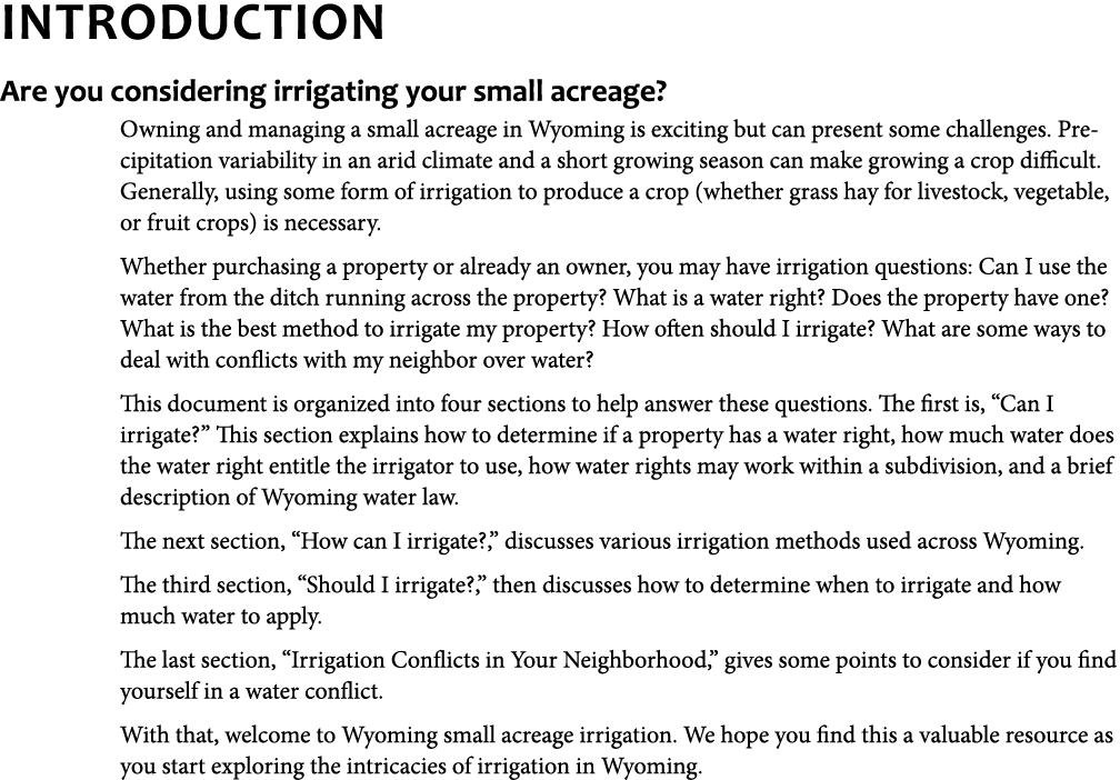 Introduction Are you considering irrigating your small acreage? Owning and managing a small acreage in Wyoming is exc...