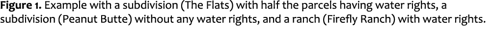 Figure 1. Example with a subdivision (The Flats) with half the parcels having water rights, a subdivision (Peanut But...