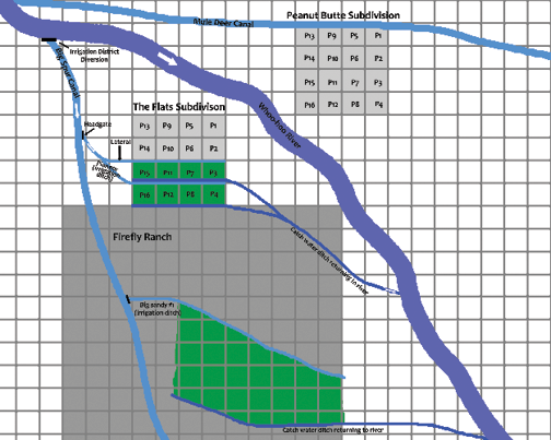 Figure of a subdivision plat with irrigation ditches drawn in.