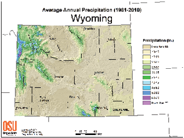 Figure of average annual precipitation (1981-2010) in Wyoming