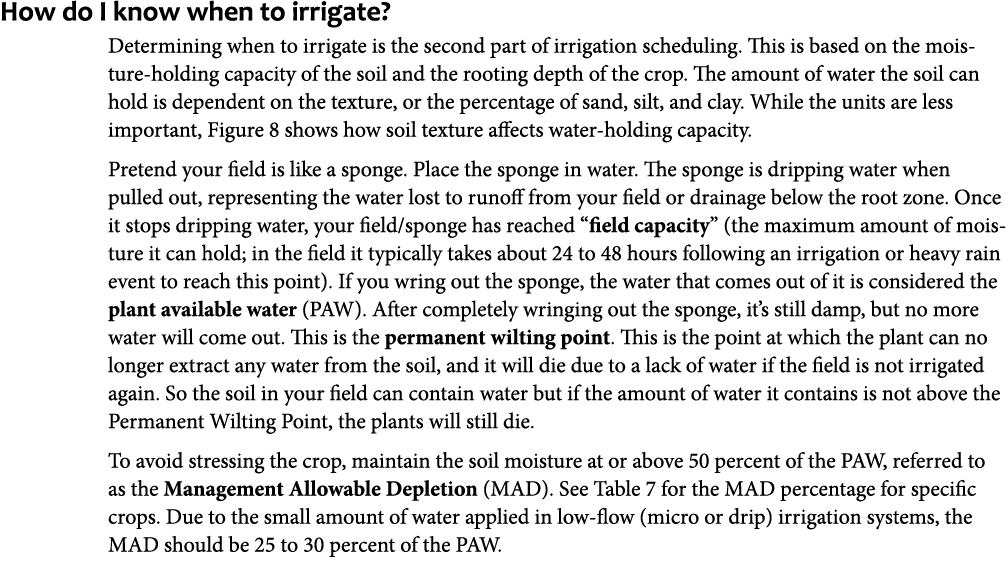 How do I know when to irrigate? Determining when to irrigate is the second part of irrigation scheduling. This is bas...