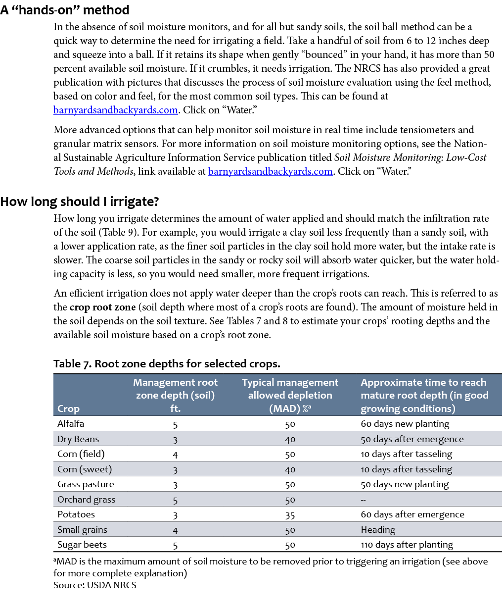 A “hands-on” method In the absence of soil moisture monitors, and for all but sandy soils, the soil ball method can b...