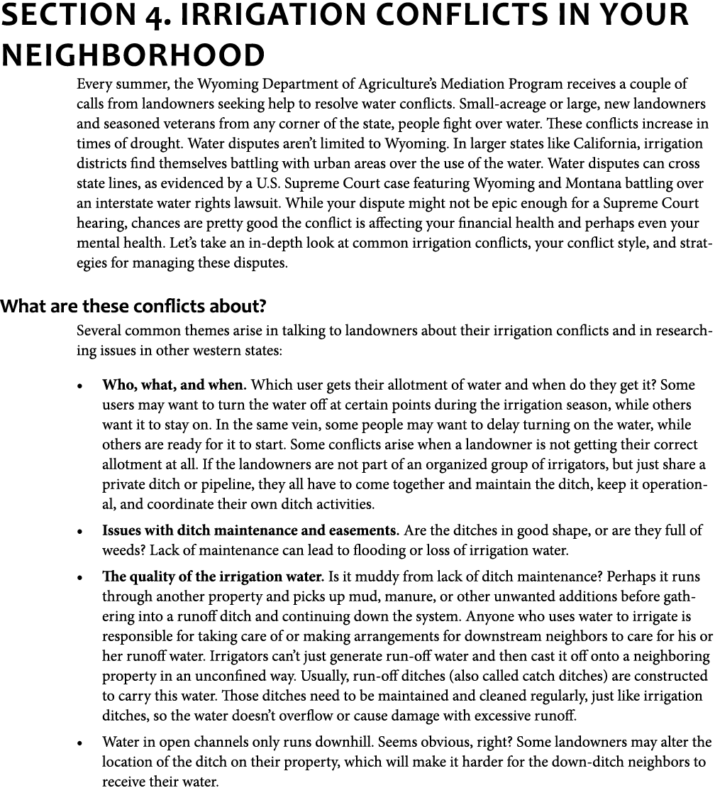 Section 4. Irrigation Conflicts in Your Neighborhood Every summer, the Wyoming Department of Agriculture’s Mediation ...