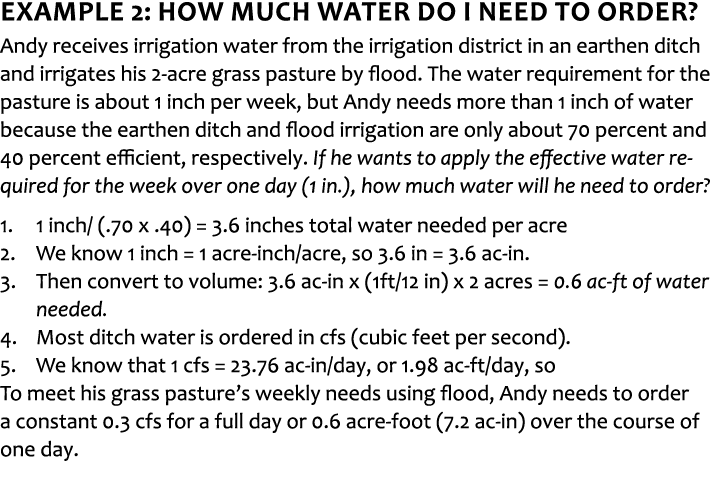 Example 2: How much water do I need to order? Andy receives irrigation water from the irrigation district in an earth...