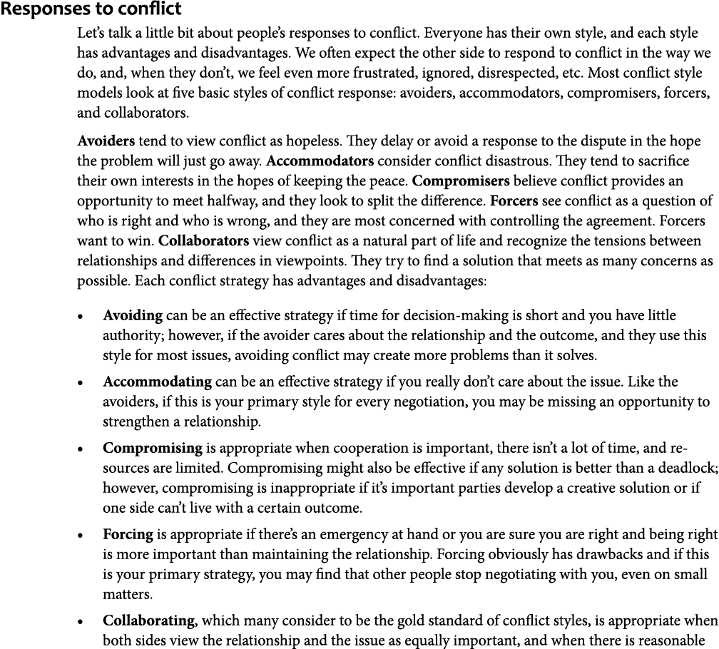 Responses to conflict Let’s talk a little bit about people’s responses to conflict. Everyone has their own style, and...