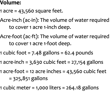 Volume: 1 acre = 43,560 square feet. Acre-inch (ac-in): The volume of water required to cover 1 acre 1-inch deep. Acr...