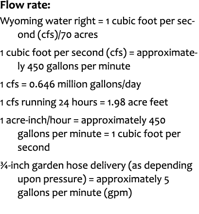 Flow rate: Wyoming water right = 1 cubic foot per second (cfs)/70 acres 1 cubic foot per second (cfs) = approximately...